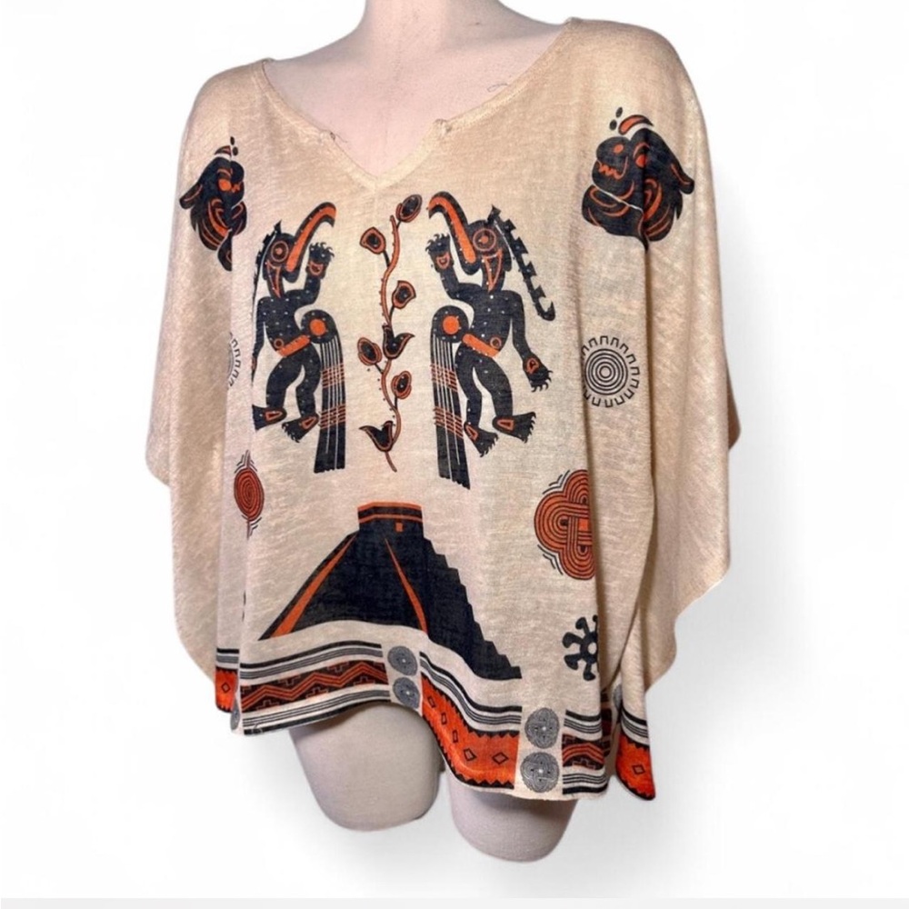 Bohemian Tribal Print Poncho Top | Cream | One Size - Picture 3 of 8